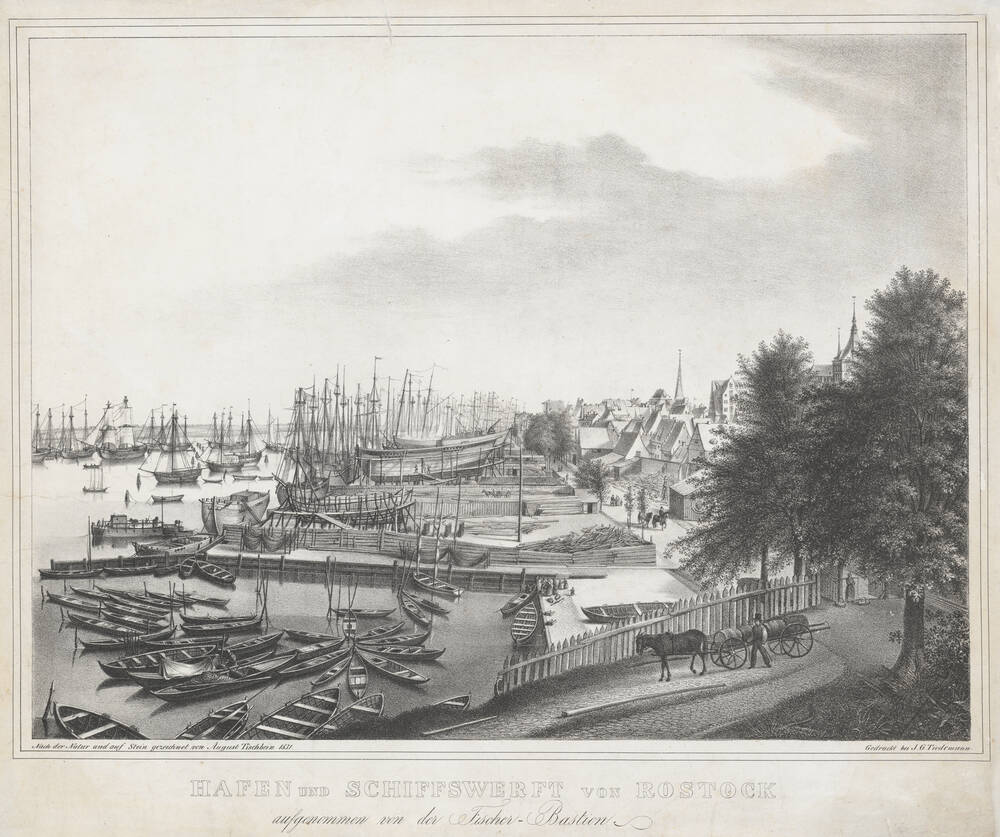 Hafen und Schiffswerft von Rostock, aufgenommen von der Fischer-Bastion, 1831